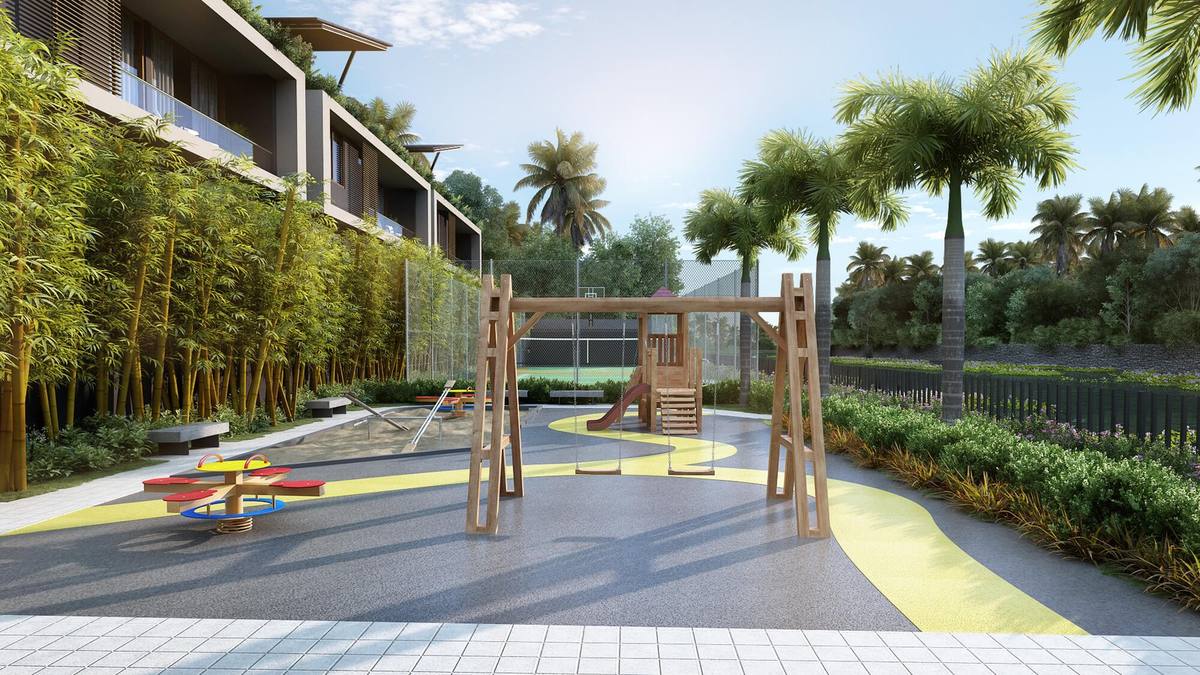 Modern clubhouse and swimming pool amenities in a gated community villa project